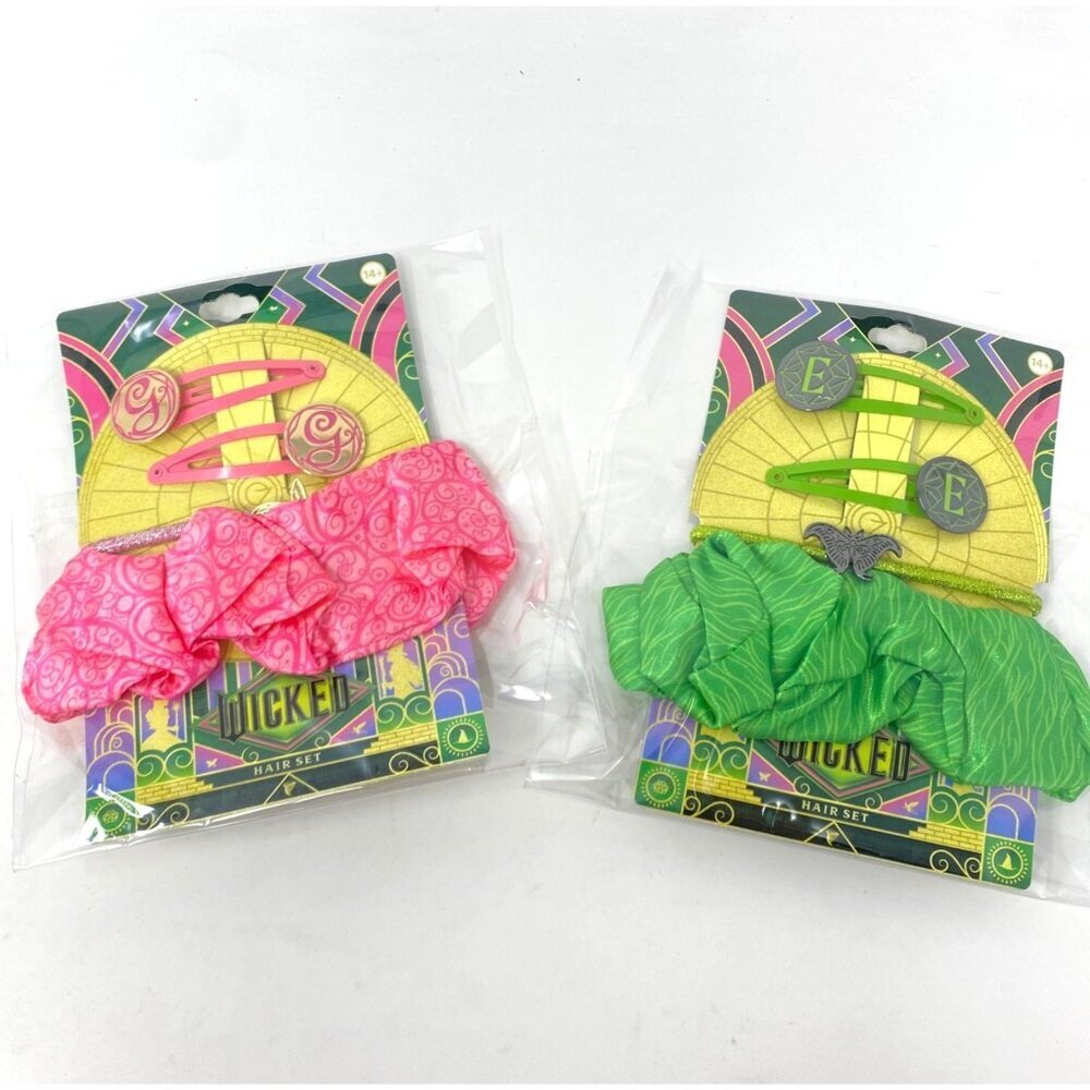 Wicked Hair Accessory Set Glinda Or Elphaba Clips Scrunchie Hair Ties Pink Green